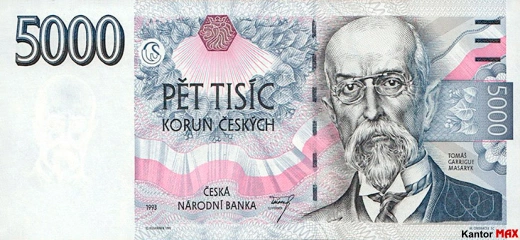 Przód wycofanego banknotu 5000 koron edycja z 1993 roku.