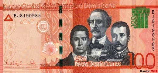 Przód banknotu 100 peso dominikańskie z 2023 roku - seria 6