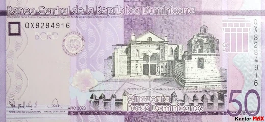 Przód banknotu 50 peso dominikańskie z 2023 roku - seria 6