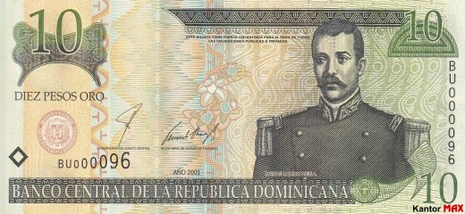 Przód banknotu 10 peso dominikańskie z 2001 roku - 5 seria