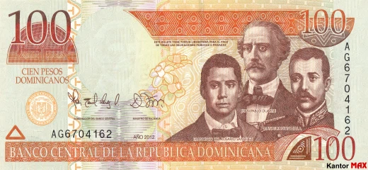 Przód banknotu 100 peso dominikańskie z 2012 roku seria 5