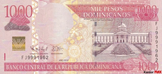 Przód banknotu 1000 peso dominikańskie z 2012 roku - seria 5