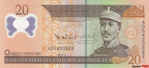 Przód banknotu 20 peso dominikańskie z 2009 roku - 5 seria