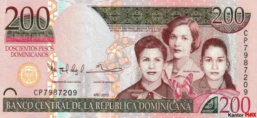 Przód banknotu 200 peso dominikańskie z 2013 roku - seria 5