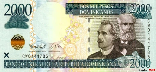 Przód banknotu 2000 peso dominikańskie z 2012 roku - seria 5