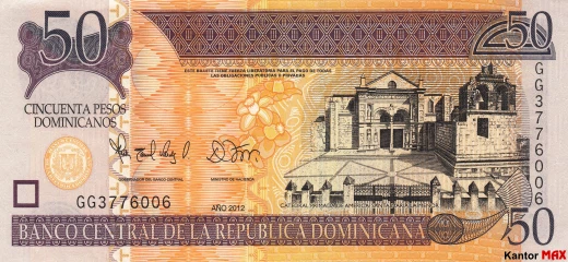 Przód banknotu 50 peso dominikańskie z 2012 roku 5 seria
