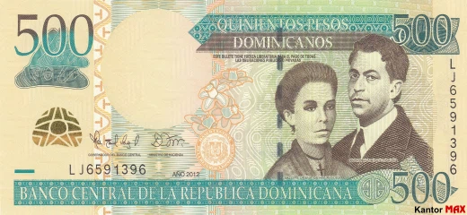 Przód banknotu 500 peso dominikańskie z 2012 roku - seria 5
