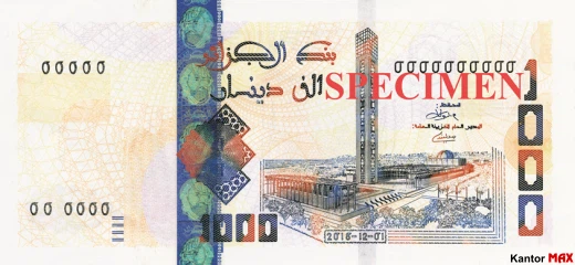 Przód banknotu 1000 dinarów algierskich z 2018 roku