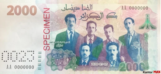 Przód banknotu 2000 dinarów algierskich z 2021 roku