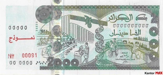 Przód banknotu 2000 dinarów algierskich z 2011 roku