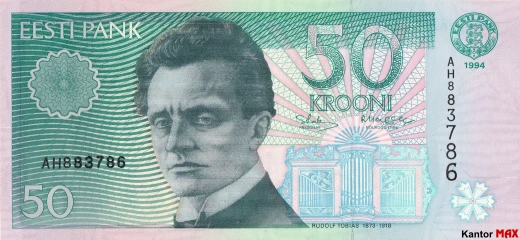 Przód wycofanego banknotu 50 koron estońskich 1994 roku