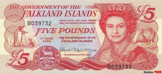 Przód banknotu 5 funtów falklandzkich edycja z 2005 roku