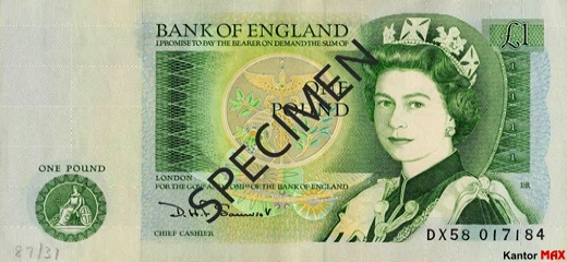 Przód wycofanego banknotu 1 funt brytyjski z 1981 roku - seria D ulepszona