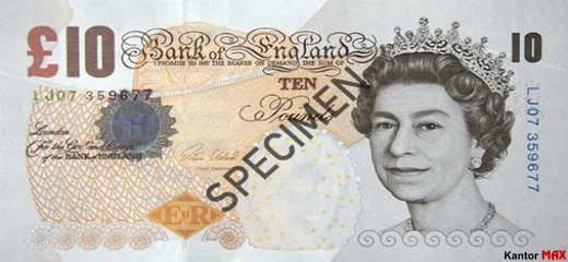 Przód wycofanego banknotu 10 funtów brytyjskich z 2000 roku - seria E wariant