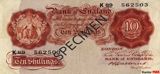 Przód wycofanego banknotu 10 szylingów brytyjskich z 1928 roku - seria A