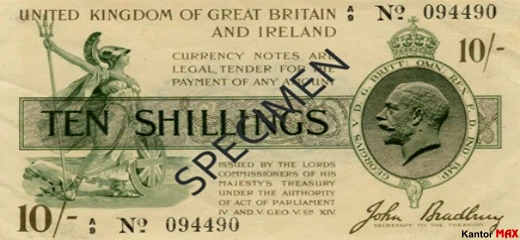 Przód wycofanego banknotu 10 szylingów brytyjskich z 1918 roku