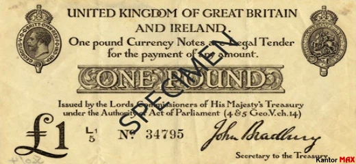 Przód wycofanego banknotu 1 funt brytyjski z 1914 roku - seria 2