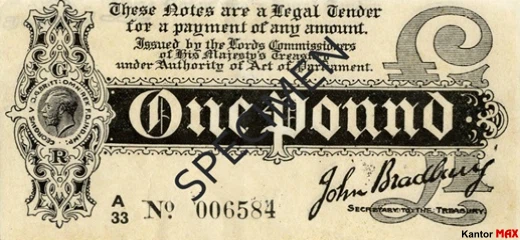 Przód wycofanego banknotu 1 funt brytyjski z 1914 roku - seria 1
