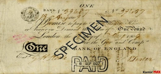 Przód wycofanego banknotu 1 funt brytyjski z 1797 roku