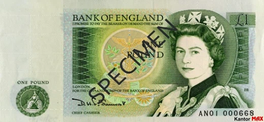 Przód wycofanego banknotu 1 funt brytyjski z 1978 roku - seria D