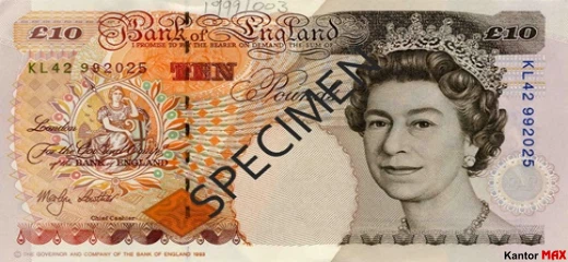 Przód wycofanego banknotu 10 funtów brytyjskich z 1993 roku - seria E ulepszona