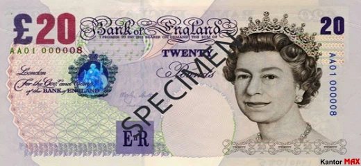 Przód wycofanego banknotu 20 funtów brytyjskich z 1999 roku - seria E wariant