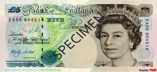 Przód wycofanego banknotu 5 funtów brytyjskich z 1993 roku - seria E ulepszona