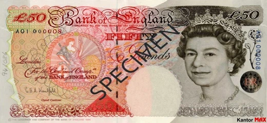 Przód wycofanego banknotu 50 funtów brytyjskich z 1994 roku - seria E