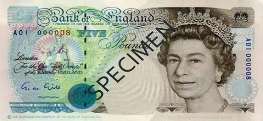 Przód wycofanego banknotu 5 funtów brytyjskich z 1990 roku - seria E