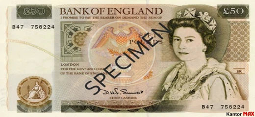 Przód wycofanego banknotu 50 funtów brytyjskich z 1981 roku - seria D