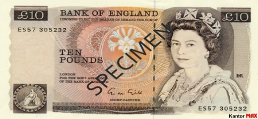 Przód wycofanego banknotu 10 funtów brytyjskich z 1975 roku - seria D