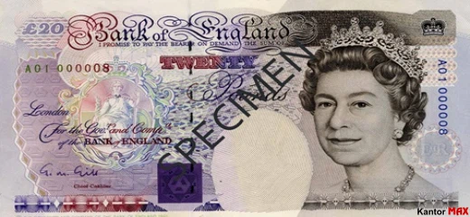 Przód wycofanego banknotu 20 funtów brytyjskich z 1991 roku - seria E