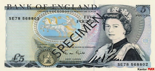 Przód wycofanego banknotu 5 funtów brytyjskich z 1971 roku - seria D