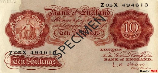 Przód wycofanego banknotu 10 szylingów brytyjskich z 1948 roku - seria A