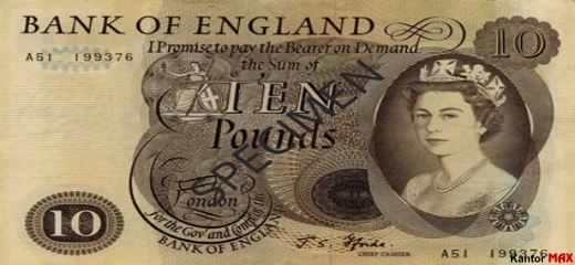 Przód wycofanego banknotu 10 funtów brytyjskich z 1964 roku - seria C