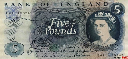 Przód wycofanego banknotu  5 funtów brytyjskich z 1963 roku - seria C