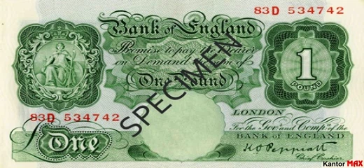 Przód wycofanego banknotu 1 funt brytyjski z 1948 roku - seria A