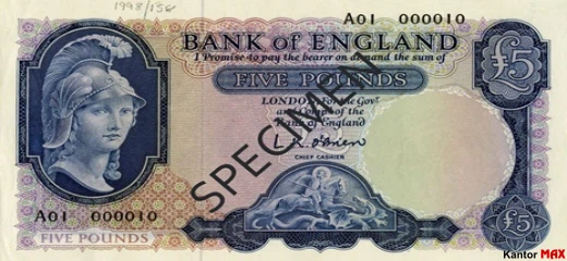 Przód wycofanego banknotu 5 funtów brytyjskich z 1957 roku - seria B