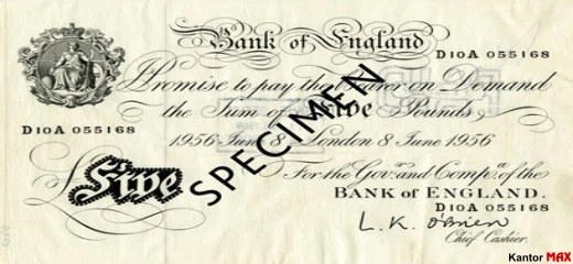 Przód wycofanego banknotu 5 funtów brytyjski z 1945 roku