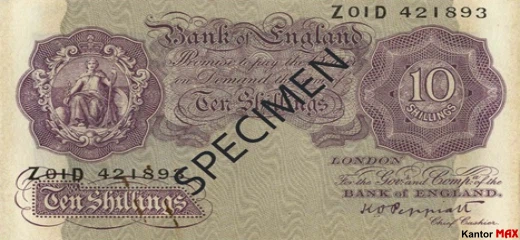Przód wycofanego banknotu 10 szylingów brytyjski z 1940 roku