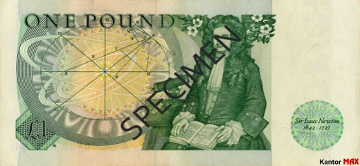 Tył wycofanego banknotu 1 funt angielski z 1981 roku - seria D ulepszona