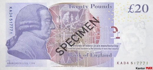 Tył wycofanego banknotu 20 funtów brytyjskich z 2007 roku - seria F