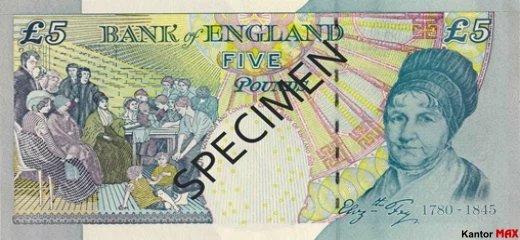 Tył wycofanego banknotu 5 funtów angielskich z 2002 roku - seria E wariant