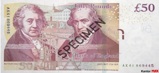 Tył wycofanego banknotu 50 funtów brytyjskich z 2011 roku - seria F