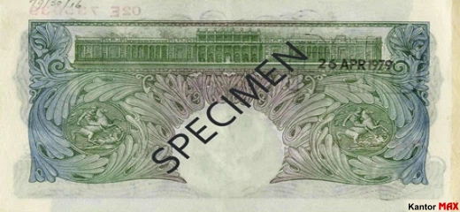 Tył wycofanego banknotu 1 funt brytyjski z 1928 roku - seria A