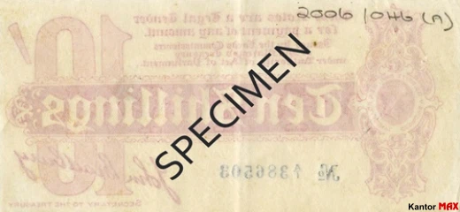 Tył wycofanego banknotu 10 szylingów brytyjskich z 1914 roku - seria 1