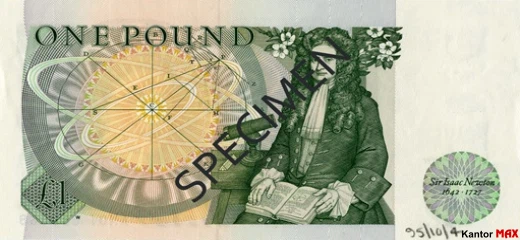 Tył wycofanego banknotu 1 funt brytyjski z 1978 roku - seria D