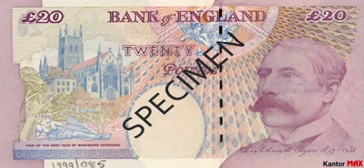 Tył wycofanego banknotu 20 funtów brytyjskich z 1999 roku - seria E wariant
