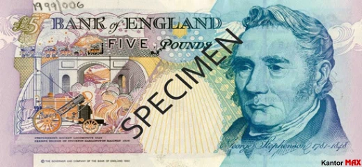 Tył wycofanego banknotu 5 funtów brytyjskich z 1993 roku - seria E ulepszona