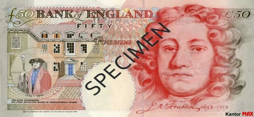 Tył wycofanego banknotu 50 funtów brytyjskich z 1994 roku - seria E